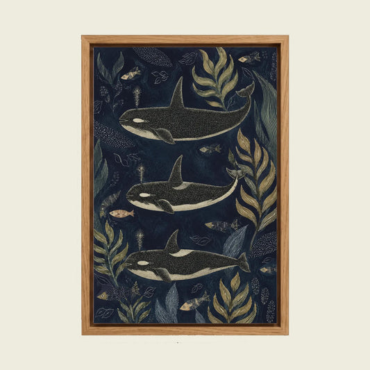 Orca Folk Art canvas wall art in a floating oak frame