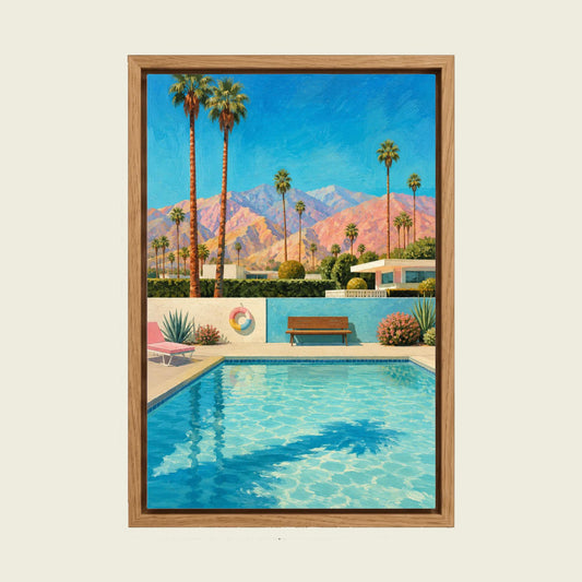 Palm Springs Poolside canvas wall art in a floating oak frame