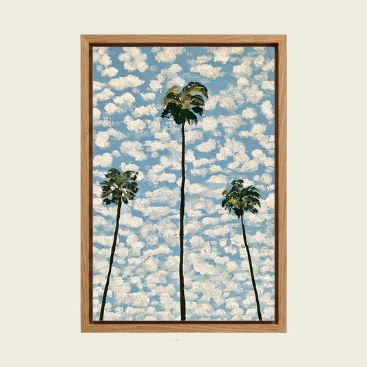 California Palm Trees canvas wall art in a floating oak frame
