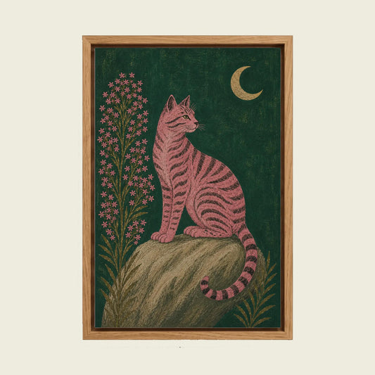Pink Black Cat Under a Crescent Moon canvas wall art in a floating oak frame