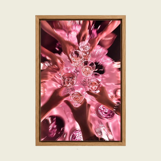 Pink Cocktail Party Cheers canvas wall art in a floating oak frame