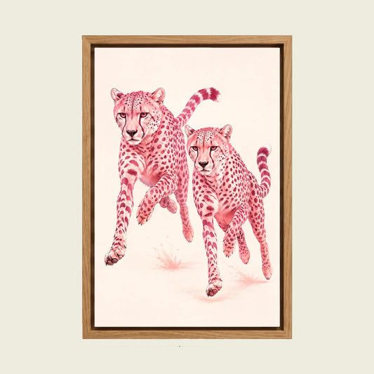 Pink Running Cheetahs canvas wall art in a floating oak frame