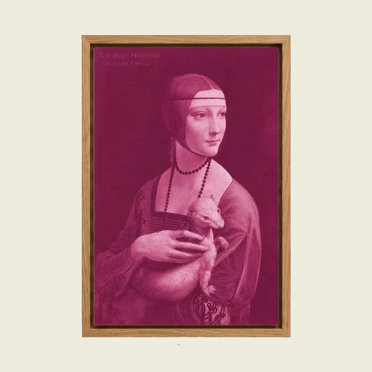 Pink Lady with an Ermine by Leonardo da Vinci canvas wall art in a floating oak frame