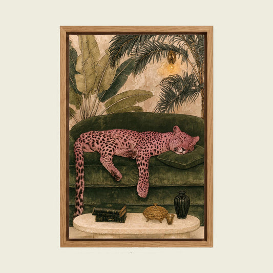 Pink Jungle Leopard canvas wall art in a floating oak frame