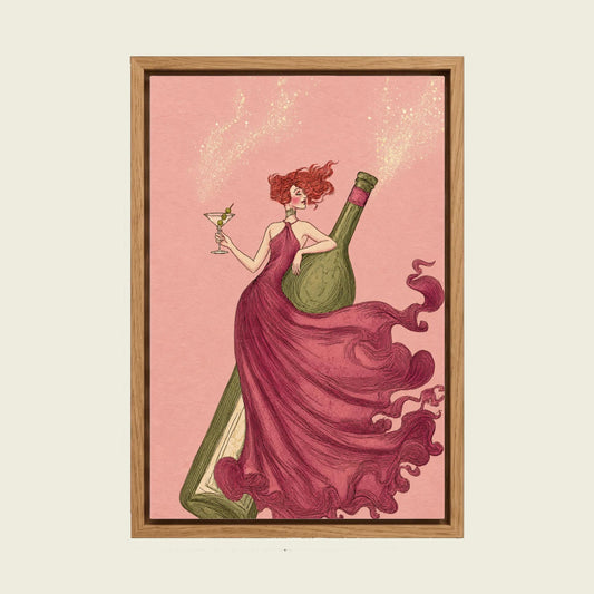 Pink Martini Girl canvas wall art in a floating oak frame