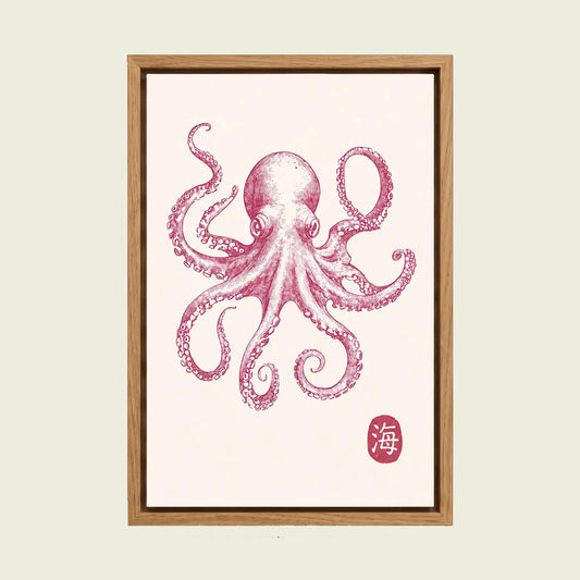 Pink Octopus canvas wall art in a floating oak frame
