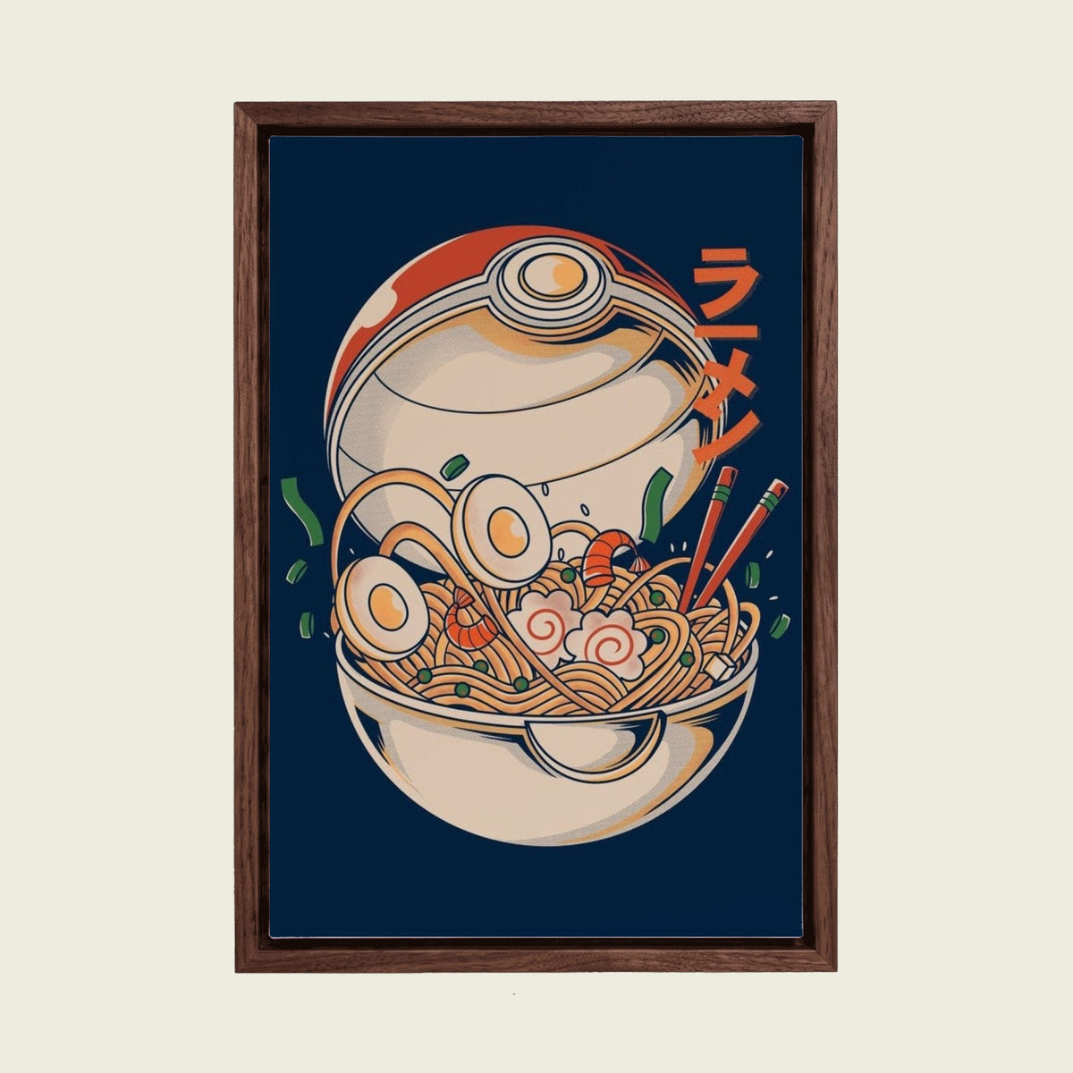 Vintage Ramen Bowl canvas wall art in a floating walnut frame