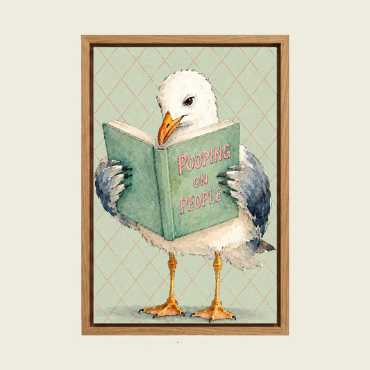 Seagull Reading the Paper canvas wall art in a floating oak frame