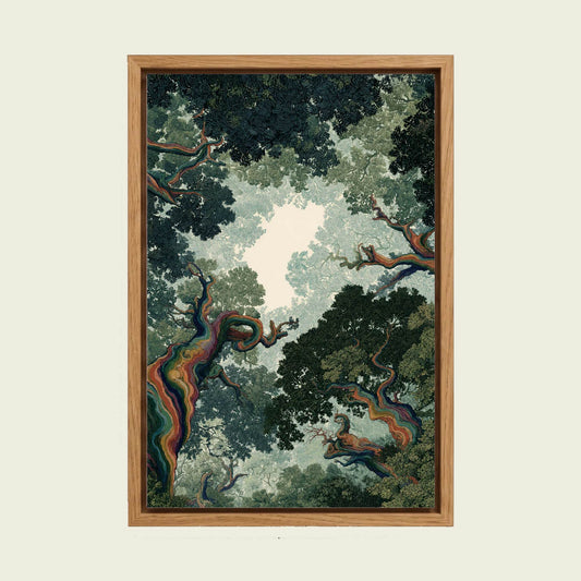 Rainbow Forest canvas wall art in a floating oak frame