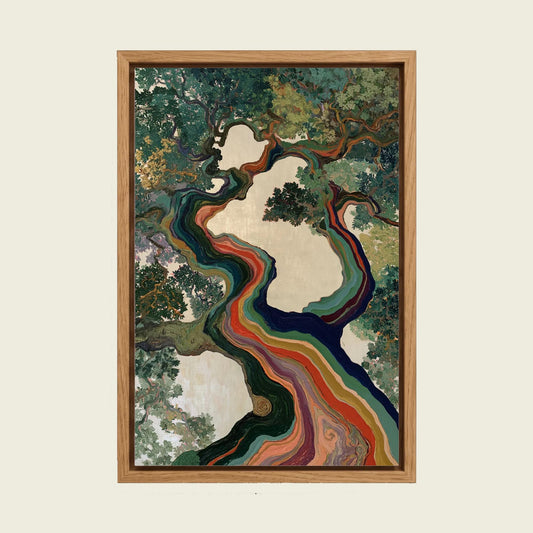 Rainbow Tree canvas wall art in a floating oak frame