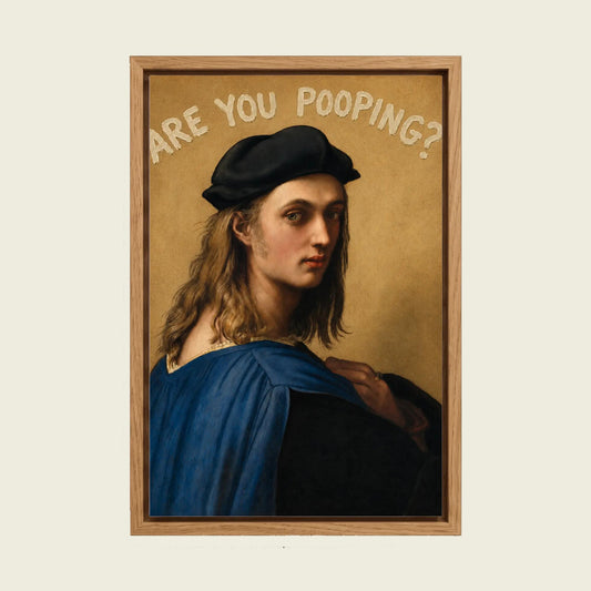 Are You Pooping? Raphael canvas wall art in a floating oak frame