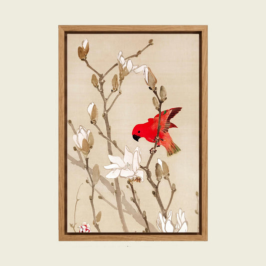 Red Parakeet by Mihata Joryu canvas wall art in a floating oak frame