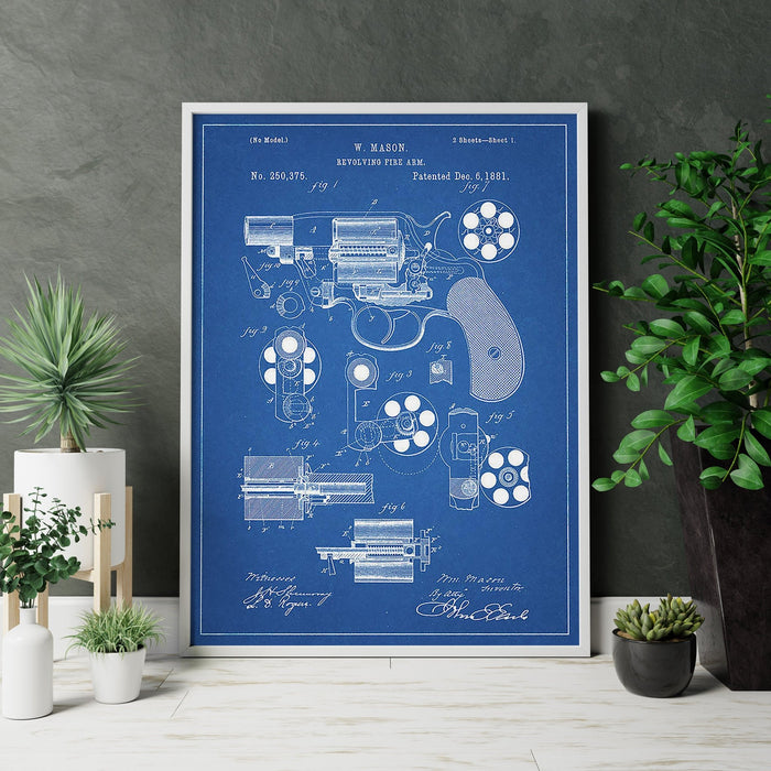 Revolver Pistol Blueprint Canvas Wall Art