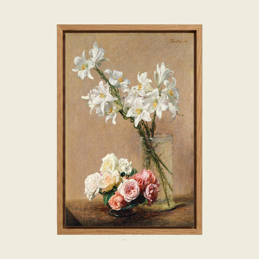 Roses and Lilies by Henri Fantin-Latour canvas wall art in a floating oak frame