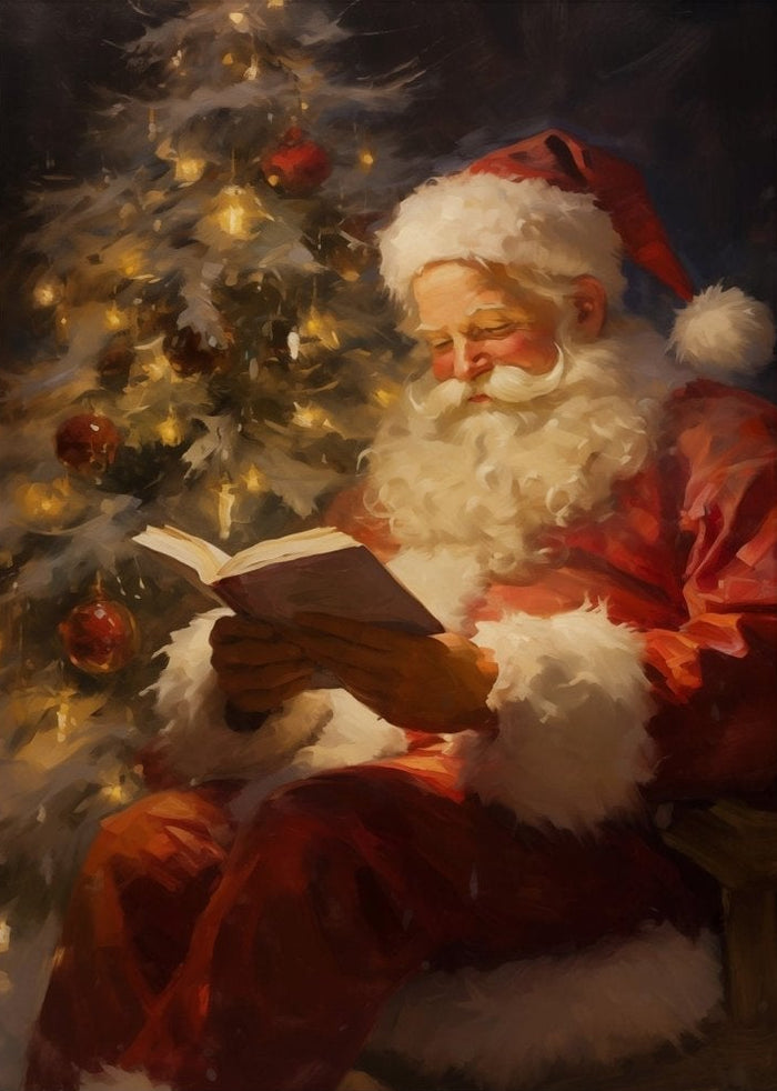 Santa Reading by Christmas Tree Canvas Wall Art