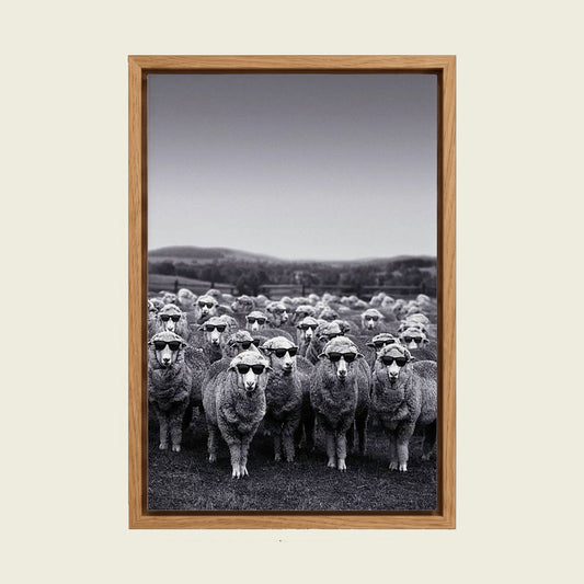 Sheep in Sunglasses canvas wall art in a floating oak frame