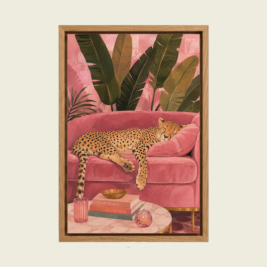 Sleeping Cheetah canvas wall art in a floating oak frame