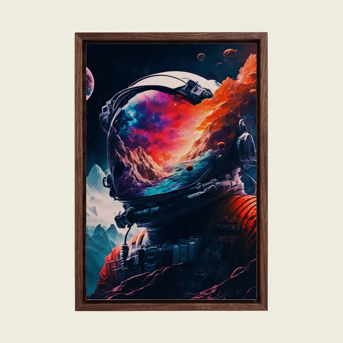 Astronaut in a Cosmic Landscape canvas wall art in a floating walnut frame