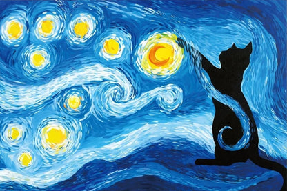Artwork Starry Night Cat Canvas Wall Art - Canvasworkshop