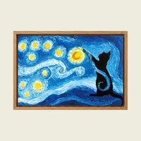 Black Cat on a Starry Night canvas wall art in a floating oak frame