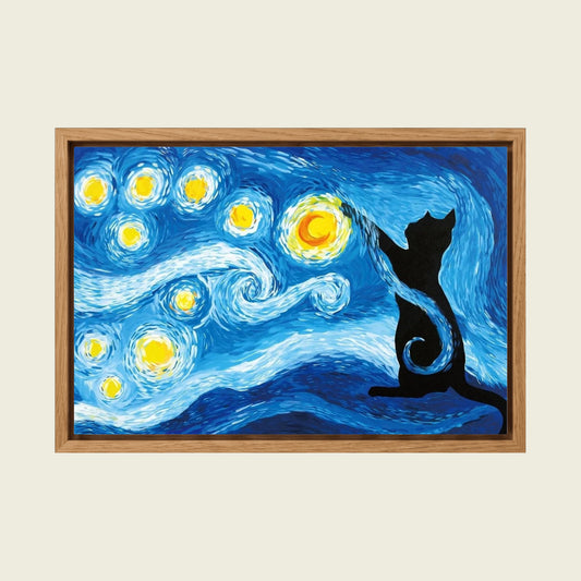 Black Cat on a Starry Night canvas wall art in a floating oak frame