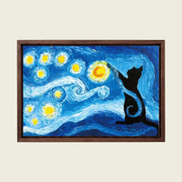 Black Cat on a Starry Night canvas wall art in a floating walnut frame