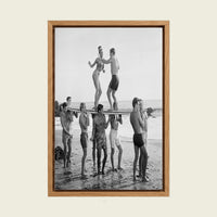 Surfers Beach Party canvas wall art in a floating oak frame