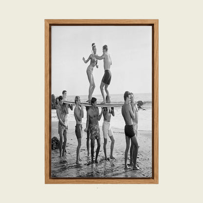 Surfers Beach Party canvas wall art in a floating oak frame