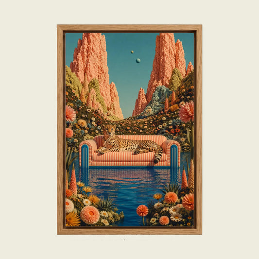 Surreal Cheetah on a Pink Sofa canvas wall art in a floating oak frame