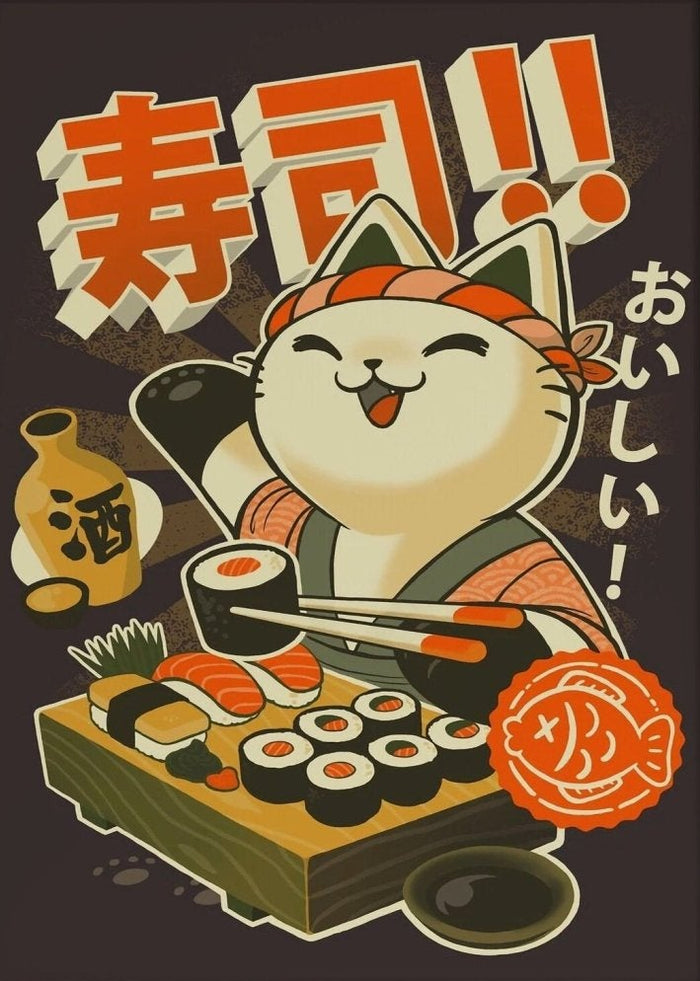 Retro Japanese Sushi Cat Canvas Wall Art