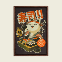 Sushi Cat canvas wall art in a floating walnut frame