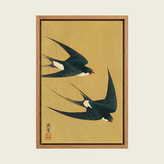 Swallow canvas wall art in a floating oak frame