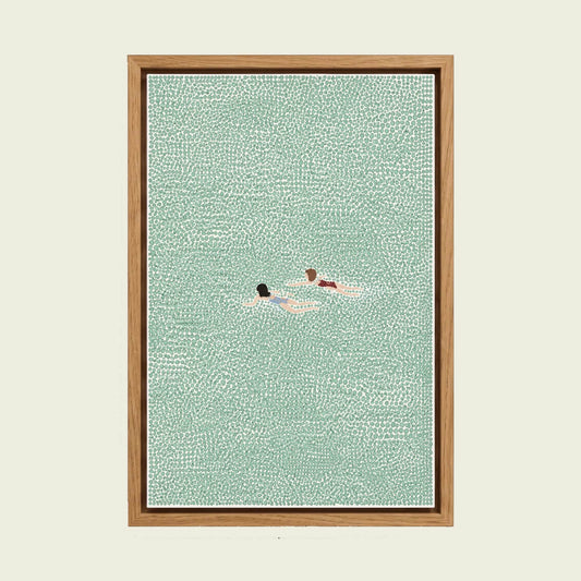 Swimmer canvas wall art in a floating oak frame
