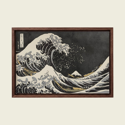 The Great Wave, Dark Edition by Katsushika Hokusai canvas wall art in a floating walnut frame