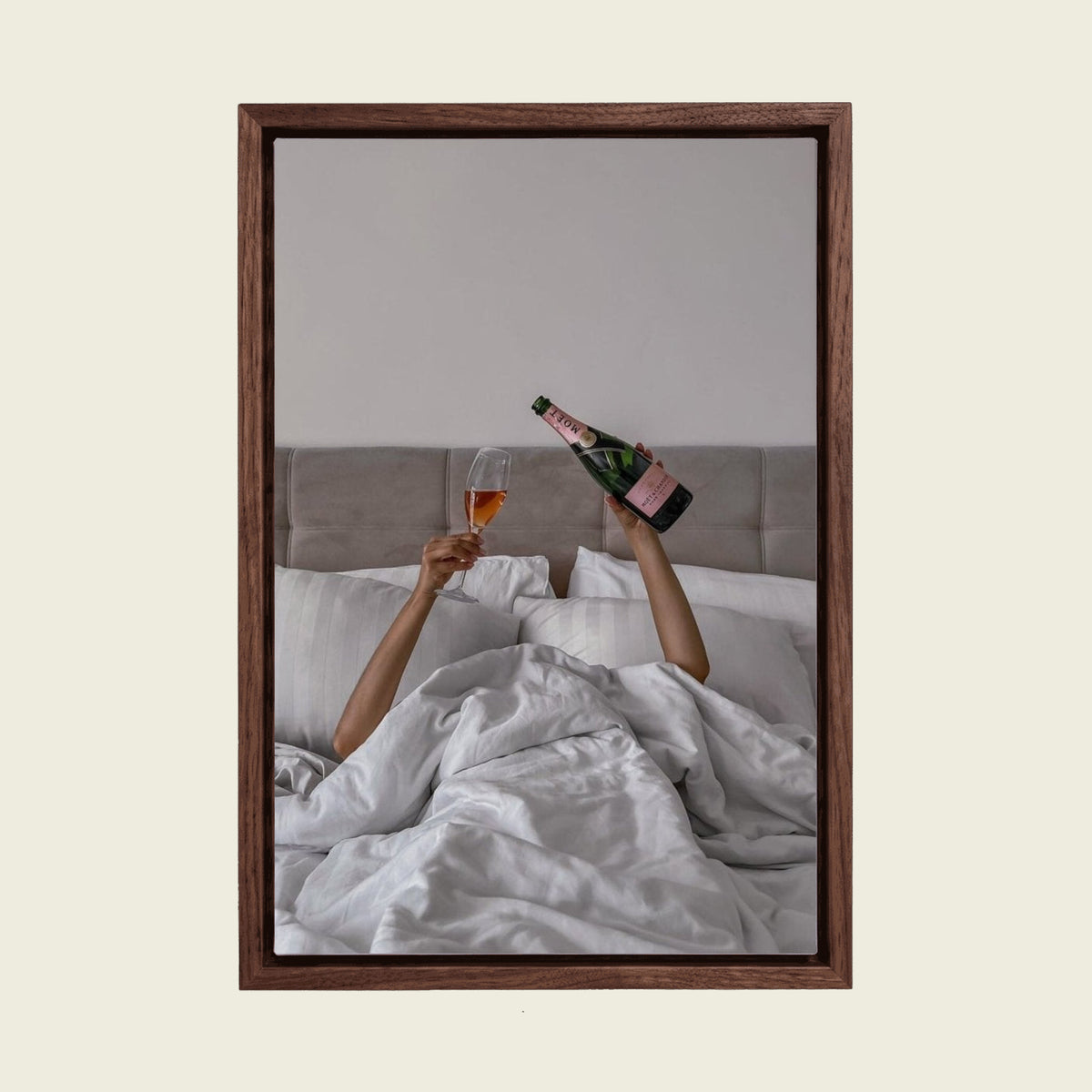 Woman Drinking Wine in Bed canvas wall art in a floating walnut frame