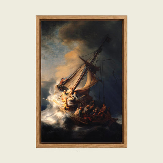 The Storm on the Sea of Galilee by Rembrandt canvas wall art in a floating oak frame