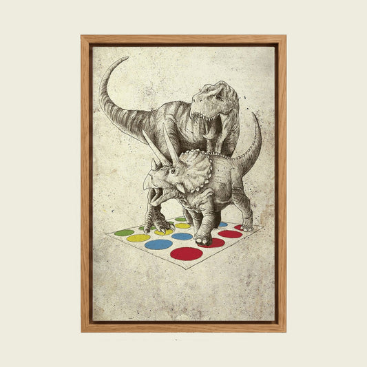 The Ultimate Battle: Dinosaur Twister canvas wall art in a floating oak frame