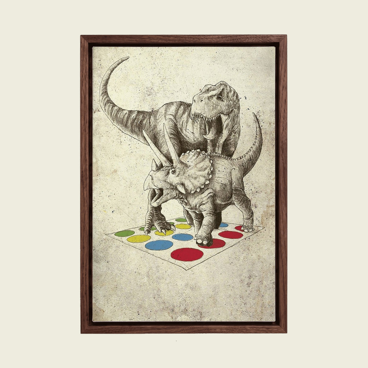 The Ultimate Battle: Dinosaur Twister canvas wall art in a floating walnut frame