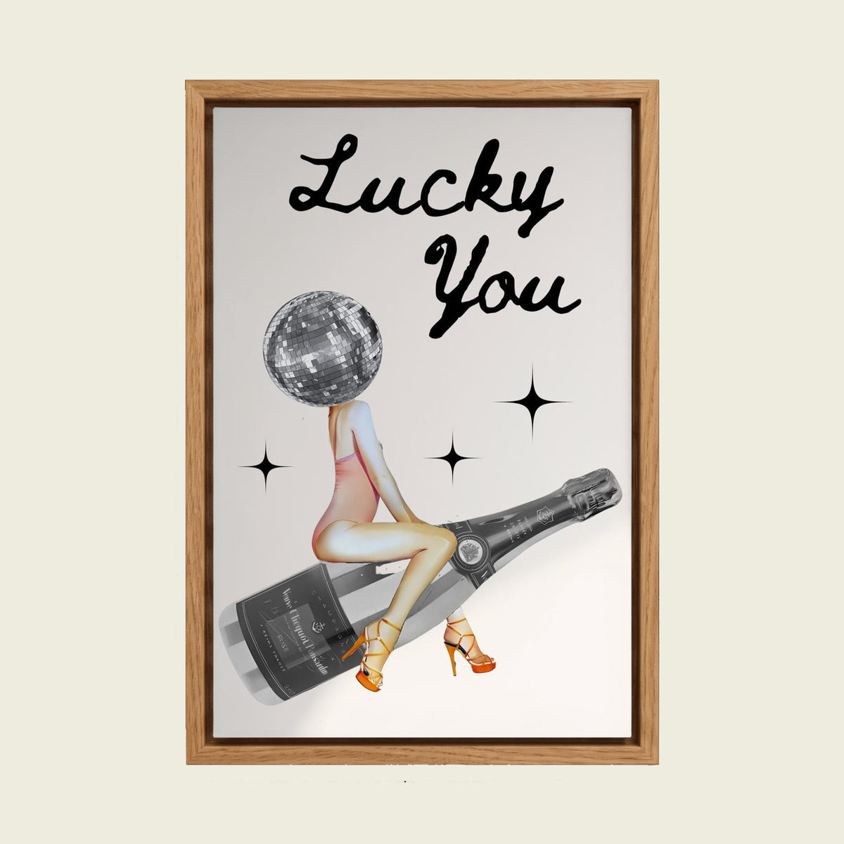 Lucky You canvas wall art in a floating oak frame