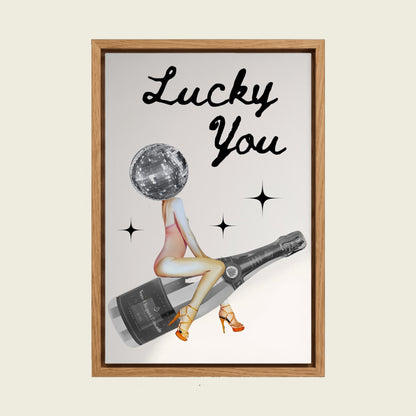 Lucky You canvas wall art in a floating oak frame