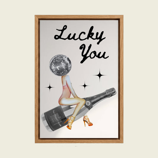 Lucky You canvas wall art in a floating oak frame