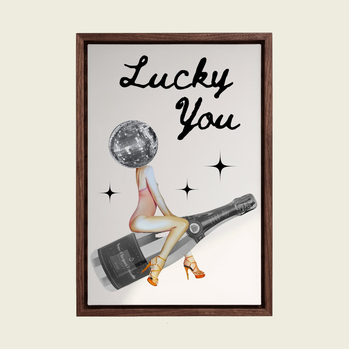 Lucky You canvas wall art in a floating walnut frame