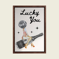 Lucky You canvas wall art in a floating walnut frame