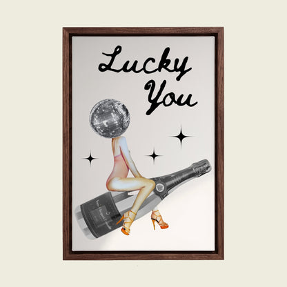 Lucky You canvas wall art in a floating walnut frame