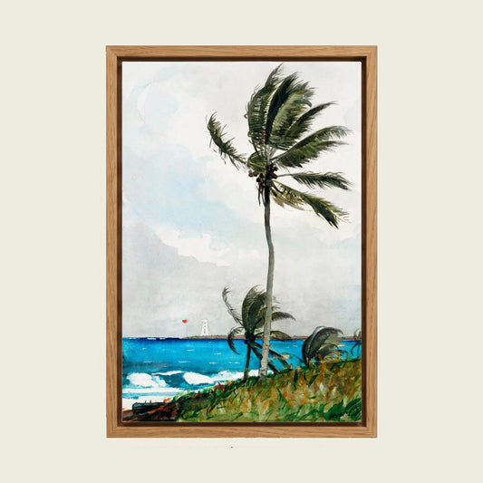 Tropical Palm Tree Watercolor canvas wall art in a floating oak frame