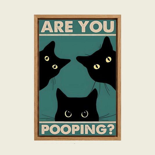 Tuxedo Cat Bathroom canvas wall art in a floating oak frame