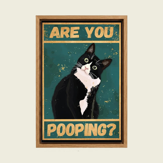 Tuxedo Cat on the Toilet canvas wall art in a floating oak frame