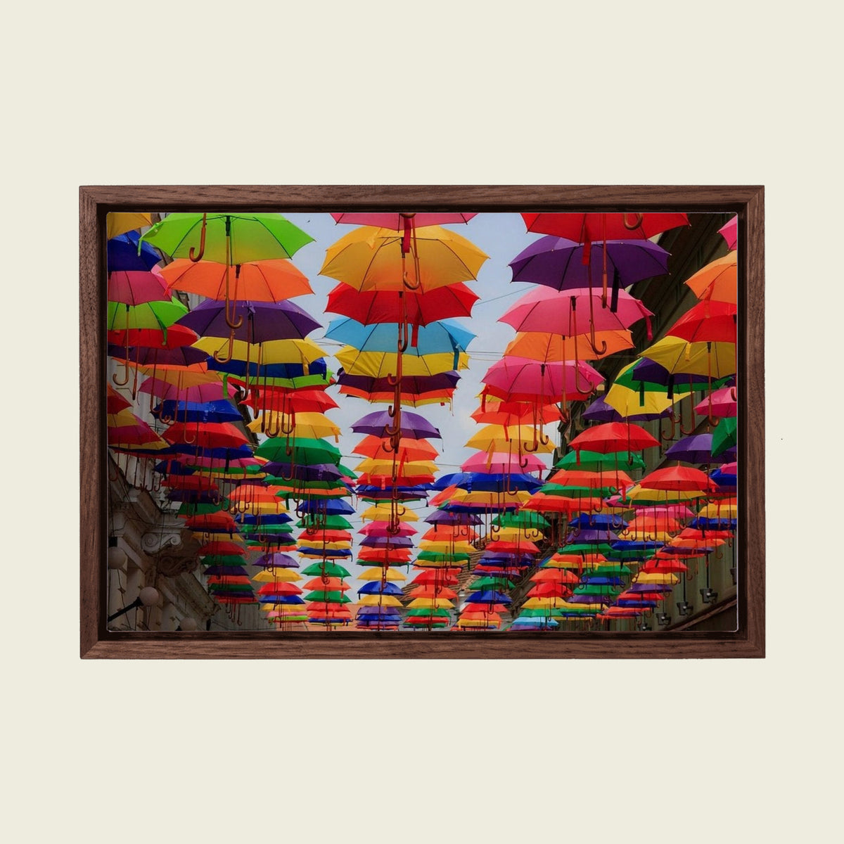 Águeda Umbrella Sky, Portugal canvas wall art in a floating walnut frame