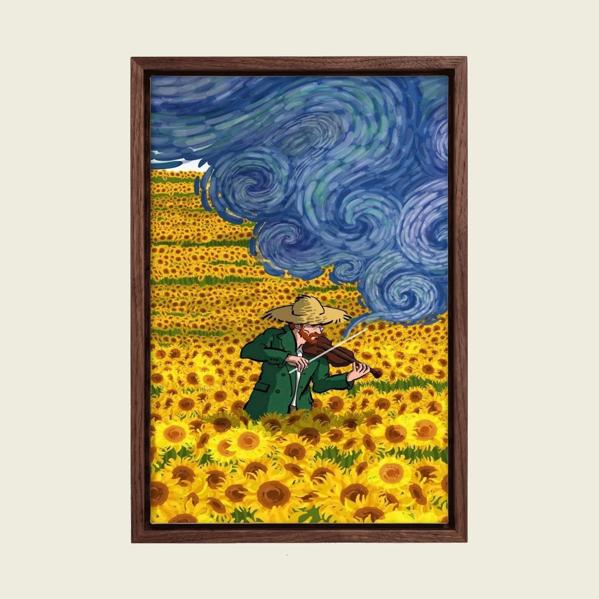 Van Gogh Playing Violin in a Sunflower Field canvas wall art in a floating walnut frame