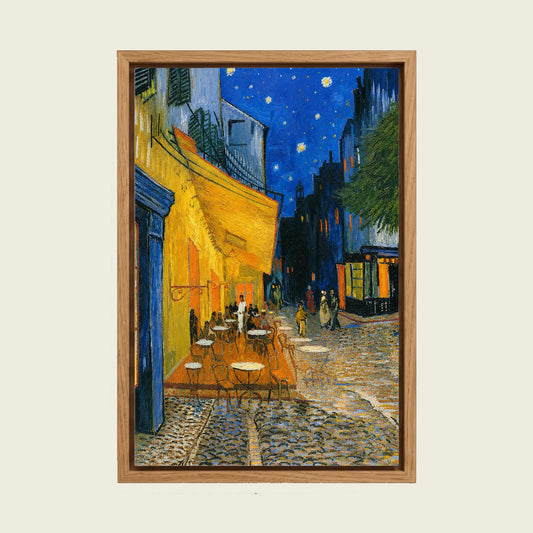 Café Terrace at Night by Vincent van Gogh canvas wall art in a floating oak frame